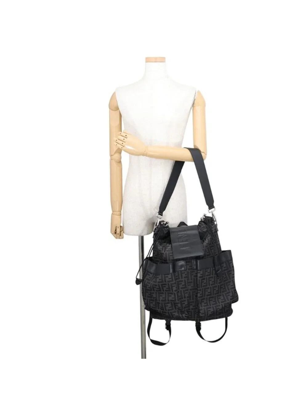 Fendi Backpack Drawstring FF Jacquard Leather Black